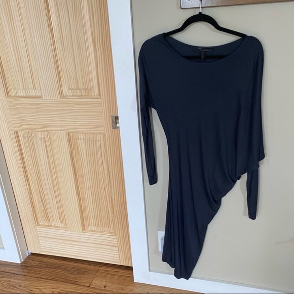 BCBG Navy asymmetrical ruched cling dress Small